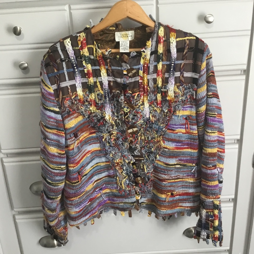 Sandy Starkman Wearable Art Knit Woven Multimedia Button Up Sweater M